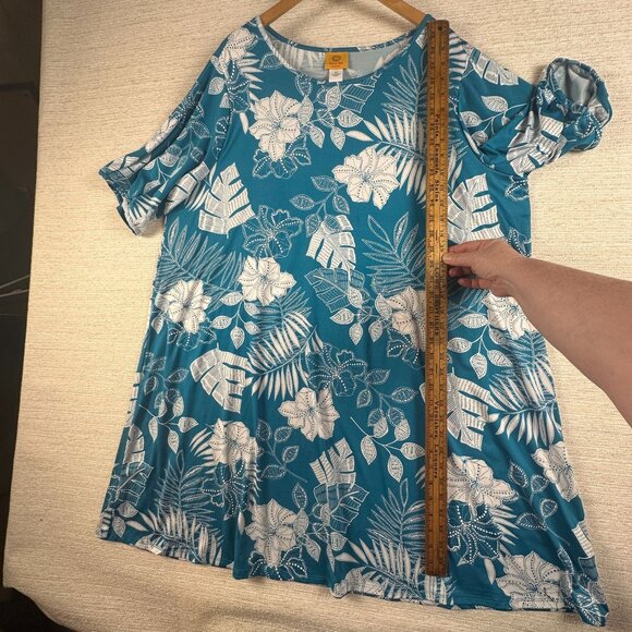 Ruby Rd. Woman 2X Blue/teal & White Tropical Floral Stretchy Pullover Midi Dress - Picture 8 of 11